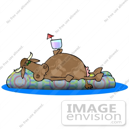 #29852 Clip Art Graphic of a Lazy Dairy Cow Drinking Wine and Floating on an