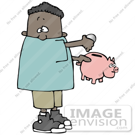 #30191 Clip Art Graphic of a Black Boy Putting Change Into His Piggy Bank by