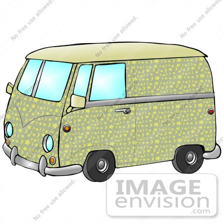  30374 Clip Art Graphic of a Hippie Volkswagen Van With Yellow And Green 
