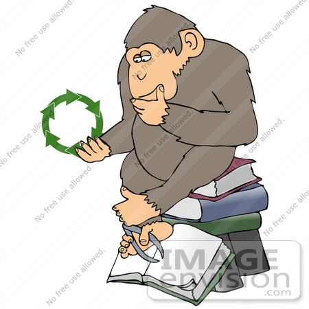 #32068 Clip Art Graphic of a Cartoon Parody of Rheinhold’s "Philosophizing Monkey" Showing a Chimpanzee Holding Recycling Arrows and Sitting on Books by DJArt