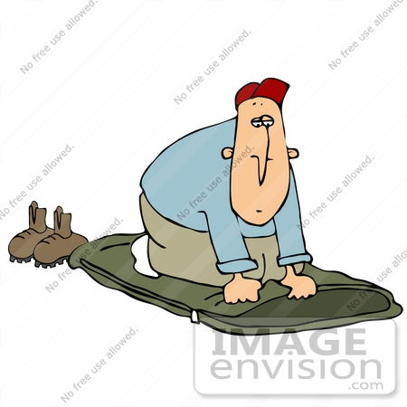 #32101 Clip Art Graphic of a Caucasian Man Laying Down His Sleeping Bag And 