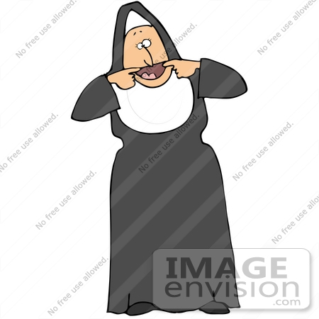 #32103 Clip Art Graphic of a Childlike Nun Making Funny Faces And Holding 