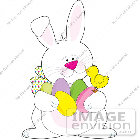 #33474 Clipart Of A Friendly Easter Bunny Chatting With A Baby Chick While Hiding Easter Eggs by Maria Bell