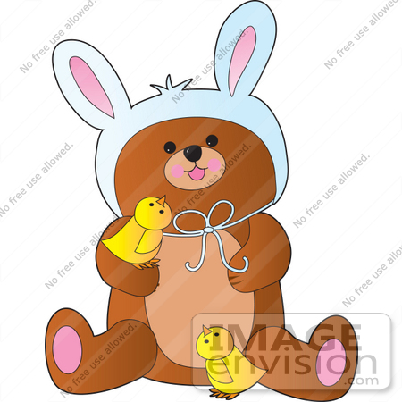 #33478 Clipart Of A Cute Little Bear Wearing Bunny Ears On Easter And Playing With Yellow Chicks by Maria Bell