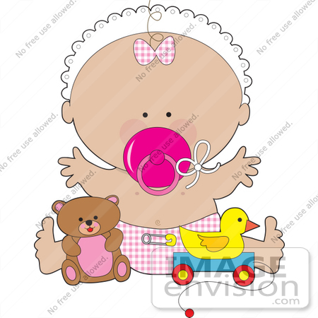 #33484 Clipart Of A Baby Girl In A Bonnet, Wearing A Pink Bow And
