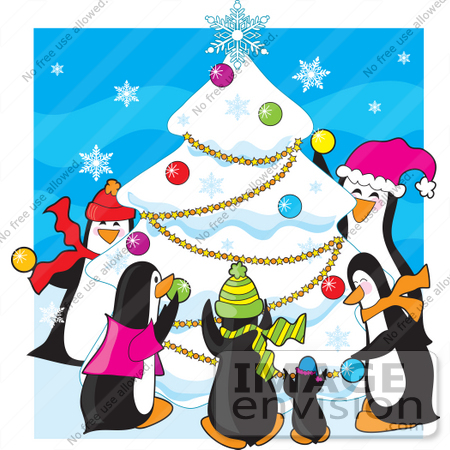 #33518 Christmas Clipart Of A Family Of Penguins Having A Party And Decorating A Snow Covered Tree by Maria Bell