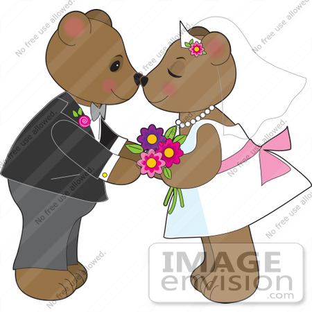  33548 Clip Art Graphic of a Loving Teddy Bear Couple Kissing At Their 