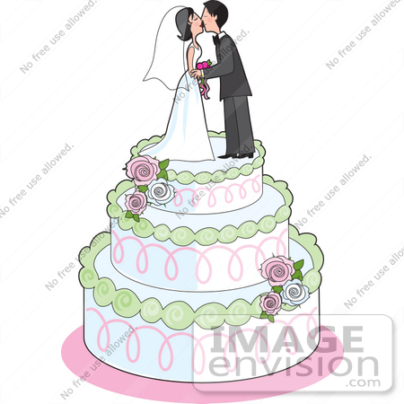  33608 Clip Art Graphic of a Bride And Groom Smooching On A Wedding Cake by