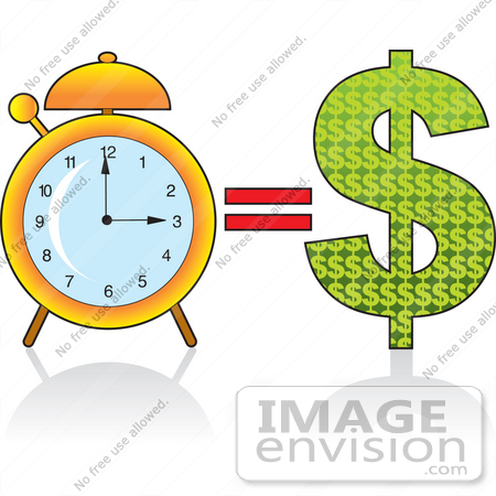 #33653 Clip Art Graphic of a Time Equals Money Concept Showing An Alarm Clock And Dollar Sign by Maria Bell