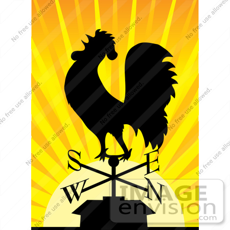 #33657 Clip Art Graphic of a Silhouetted Rooster Weathervane At Sunrise by 