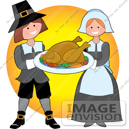 #33674 Clip Art Graphic of a Generous Pilgrim Couple Serving Cooked Thanksgiving Turkey by Maria Bell