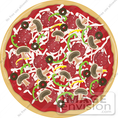 #34085 Clip Art Graphic of a Tasty Whole Supreme Pizza Topped With Cheese, 