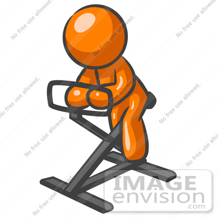 #34220 Clip Art Graphic of an Orange Man Character Getting Fit While 