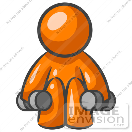 #34221 Clip Art Graphic of an Orange Man Character Doing Squats And Lifting 