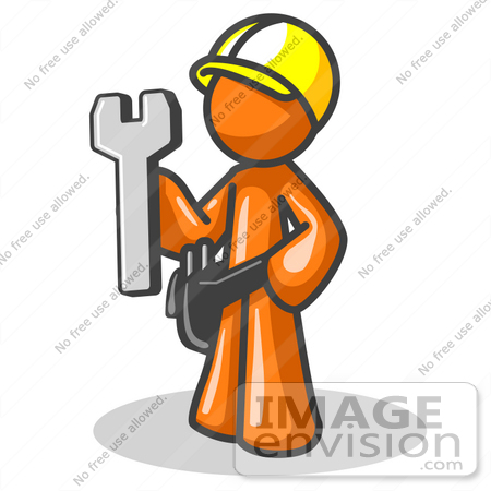 #34254 Clip Art Graphic of an Orange Guy Character Construction Worker Holding A Wrench And Wearing A Hardhat And Toolbelt by Jester Arts