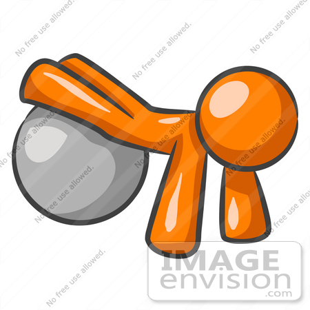 #34265 Clip Art Graphic of an Orange Guy Character Doing Pushups With His 