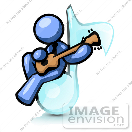 #34563 Clip Art Graphic of a Blue Guy Character Playing A Guitar On A Music