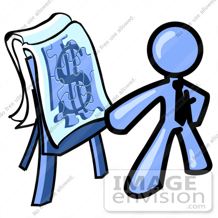 #34589 Clip Art Graphic of a Blue Guy Character Giving A Financial