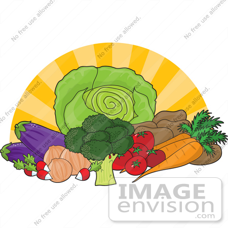 #35584 Clip Art Graphic of The Sun Bursting Behind Fresh And Organic Produce 
