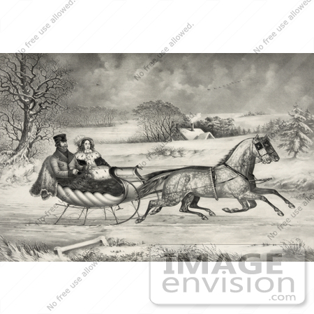 #35663 Stock Illustration of a Man And Lady Riding In A Horse Drawn Sleigh On A Wintry Road by JVPD