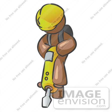 36019 Clip Art Graphic of a Brown Guy Character Operating a Jack Hammer by