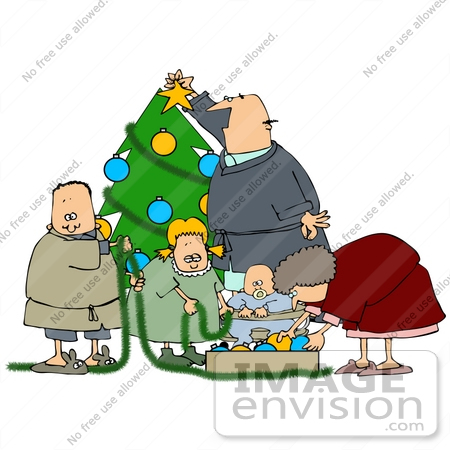 #36153 Clip Art Graphic of a Caucasian Family Decorating Their Christmas 
