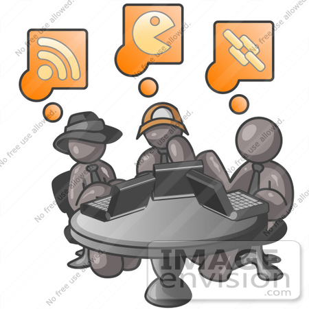 #36293 Clip Art Graphic of Grey Guy Characters on Laptops in an Internet Cafe by Jester Arts