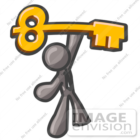 #36329 Clip Art Graphic of a Grey Guy Character Holding up a Skeleton Key by Jester Arts
