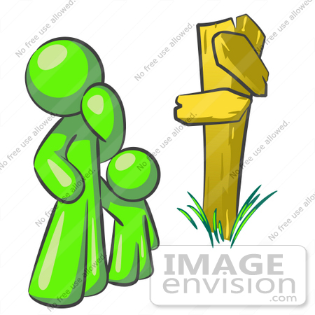 #36713 Clip Art Graphic of a Lime Green Guy Character and Child at a Crossroads by Jester Arts