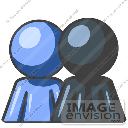#36843 Clip Art Graphic of a Dark Blue Guy Character With an Employee by Jester Arts