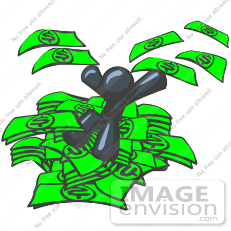 #36877 Clip Art Graphic of a Dark Blue Guy Character Jumping in a Pile of Money by Jester Arts