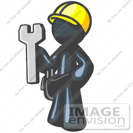 #36881 Clip Art Graphic of a Dark Blue Guy Character Handy Man With a 