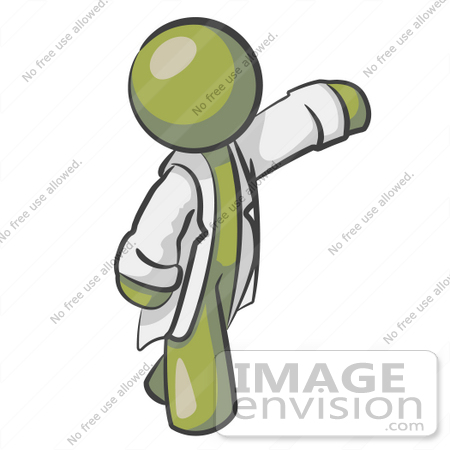 #37050 Clip Art Graphic of an Olive Green Guy Character in a Lab Coat, Pointing by Jester Arts