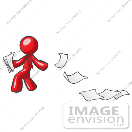 #37380 Clip Art Graphic of a Red Guy Character Dropping Papers by Jester Arts