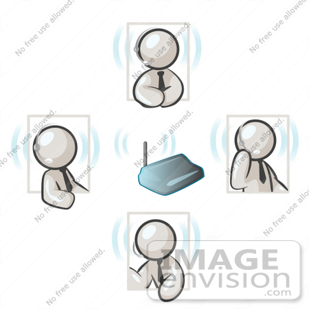 #37452 Clip Art Graphic of White Guy Characters Holding a Phone Conference, Using Headsets by Jester Arts