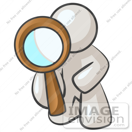#37594 Clip Art Graphic of a White Guy Character Kneeling and Looking Through a Magnifying Glass by Jester Arts