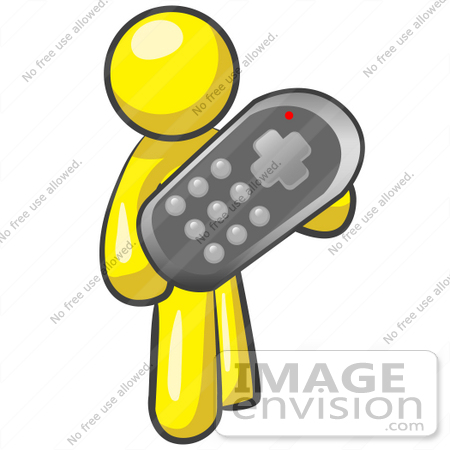 #37740 Clip Art Graphic of a Yellow Guy Character Holding a Remote Control 
