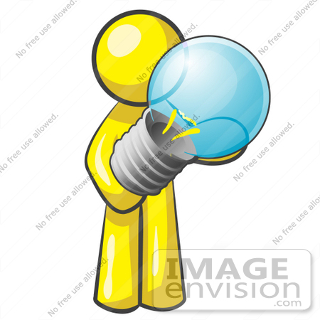 #37782 Clip Art Graphic of a Yellow Guy Character Holding a Light Bulb by Jester Arts