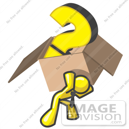 #37832 Clip Art Graphic of a Yellow Guy Character Carrying a Box of Questions by Jester Arts