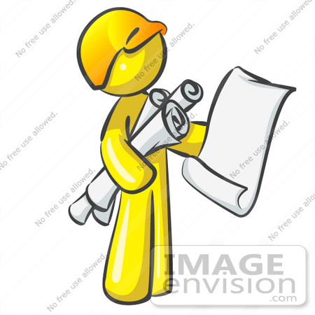 #37856 Clip Art Graphic of a Yellow Guy Character With Blueprints by Jester Arts