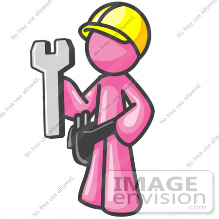 #38048 Clip Art Graphic of a Pink Guy Character Holding a Wrench by Jester Arts