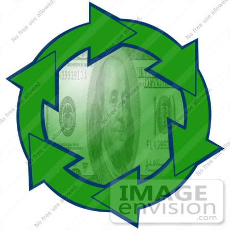 #40705 Clip Art Graphic of Green Arrows Circling A Green 100 Dollar Bill by