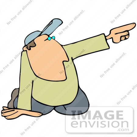 40928 Clip Art Graphic of a Kneeling Guy Pointing Off To The Right by DJArt