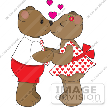 #40999 Clip Art Graphic of Two Smooching Teddy Bears Holding Hands, Hearts Above Them by Maria Bell