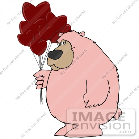 #41181 Clip Art Graphic of a Pink Valentine's Day Bear With Heart Balloons 