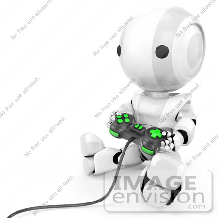 Clip Art Graphic of a 3d White Robot Using a Controller to Play a Video Game