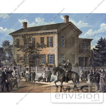 #41300 Stock Illustration of Abraham Lincoln On Horseback In Front Of His Home, Being Greeting By Villages Upon The Return Of His Successful Campaign For The Presidency by JVPD