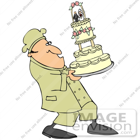 41387 Clip Art Graphic of a Chef Carefully Carrying A Tall Wedding Cake by