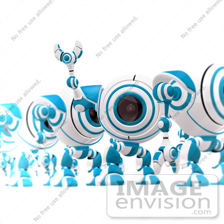 #42281 Clip Art Graphic of a Waving Blue Cam Standing In A Line by Jester Arts