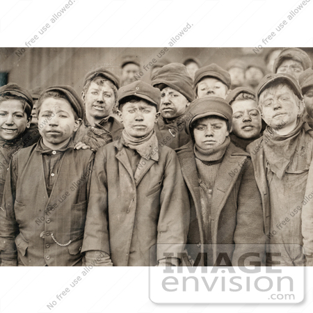 #42335 Stock Photo of a Group Of Exhausted And Dirty Coal Miner Boys Posing For A Portrait In 1911 by JVPD